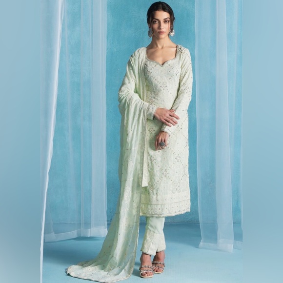 Lashkaraa Pants - Lashkaraa Light Green Embroidered Suit